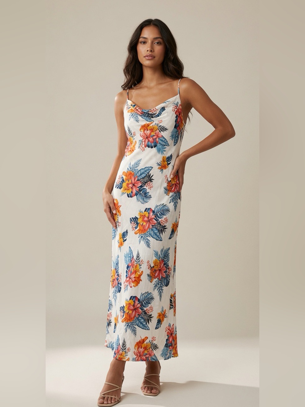 Emory Park Tropical Floral Cowl Neck Slip Maxi Dress White Blue Orange Size S